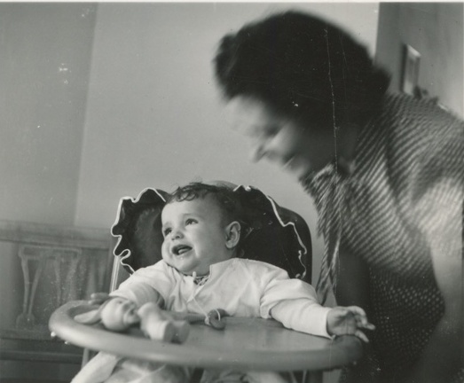 Carole Lee in her fancy high chair about 1-2 months with Cora