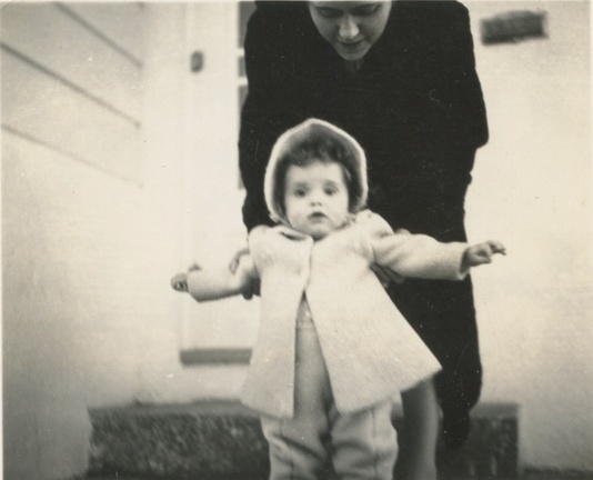 Carole Lee fall 1941 with Cora on front walk