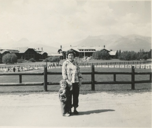 Glacier Station Glacier Park Carole 3 or 4 yrs old and Lois Dallenback on the way to Whitefish