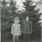 Lynn &amp; Carole in coats by pine trees 1945 
