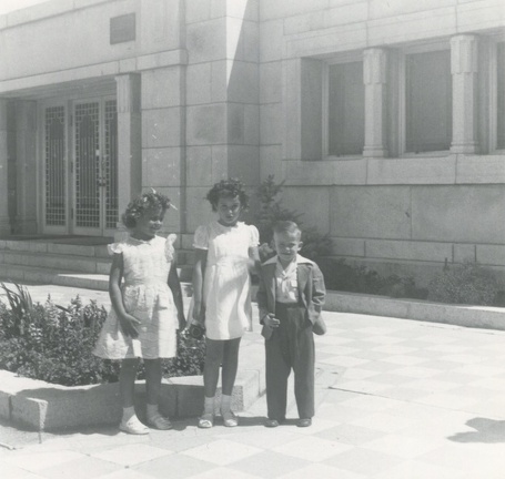 1948 Lynn, Carole &amp; Jim in front of Cardston Alberta Temple Carole sealed to parents at 8 years old